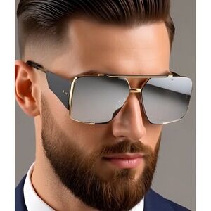 Square‎ Sunglasses Gold Frame Silver Mirror Lens Fashion Men Beach Street Wear